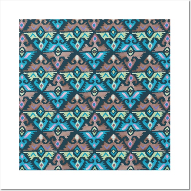 Ethnic geometric carpet  blue brown Wall Art by Remotextiles